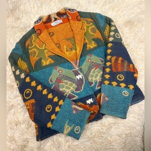 Vintage Sandy Starkman Colorful Patterned Knitted Jacket Boho Fish Print Size S